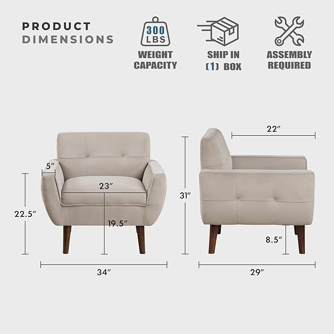 Lexicon Mid Century Modern Accent Chair with Dark Brown Solid Wood Leg Velvet Upholstered Living Room Chair Lounge Arm Chair Tufted Detail Single Sofa Chair Comfortable Reading Chair Brown