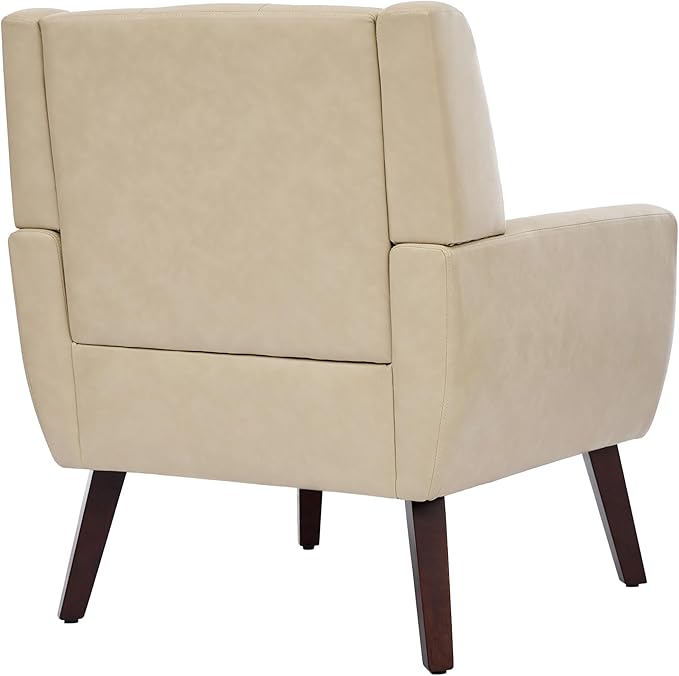 Accent Chair Comfy Mid Century Modern Small Armchairs with Solid Wood Frame and Soft Cushion for Living Room Bedroom (Faux Leather Cream Set of 1)