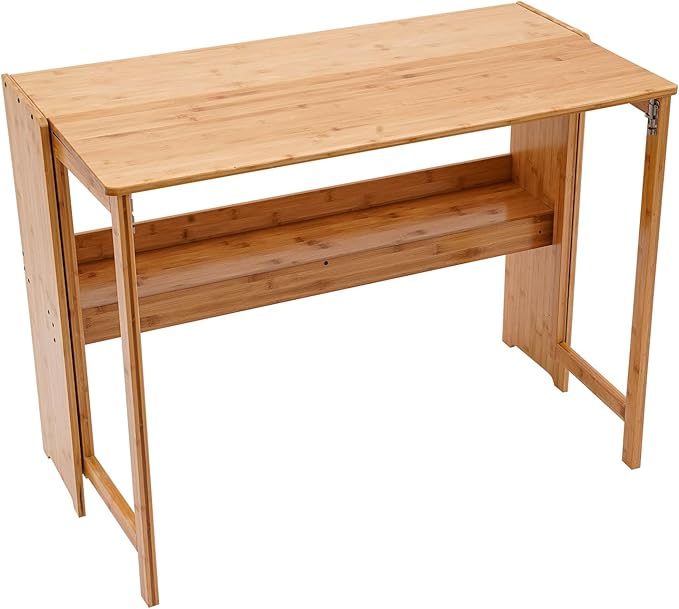 Modern Folding Desk Small Computer Table Writing Desk Laptop Desk Vanity Table Bamboo Workstation with Bookshelf for Home Office