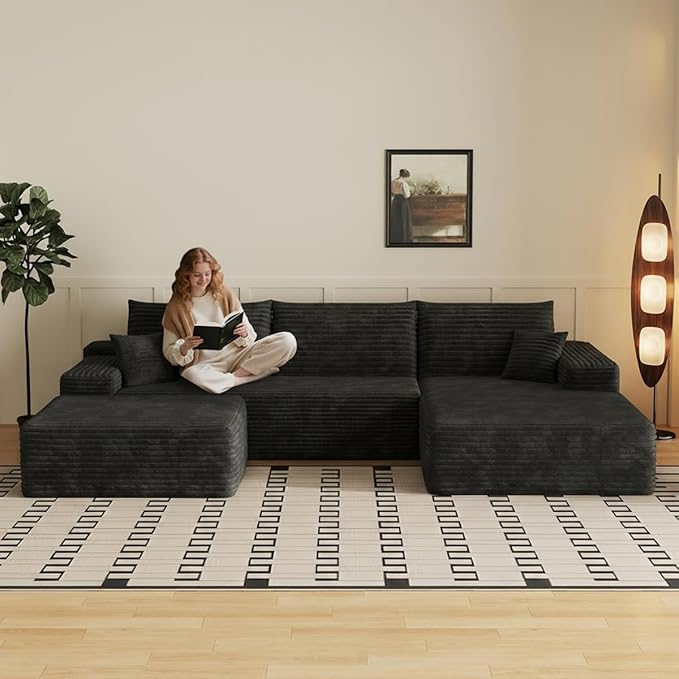 108 U Shaped Sectional Corduroy Boneless Couch with 1 Ottoman Modern Modular Couches for Living Room Apartments Upholstered Cloud Sofa with Deep Seat No Assembly Required (Black)