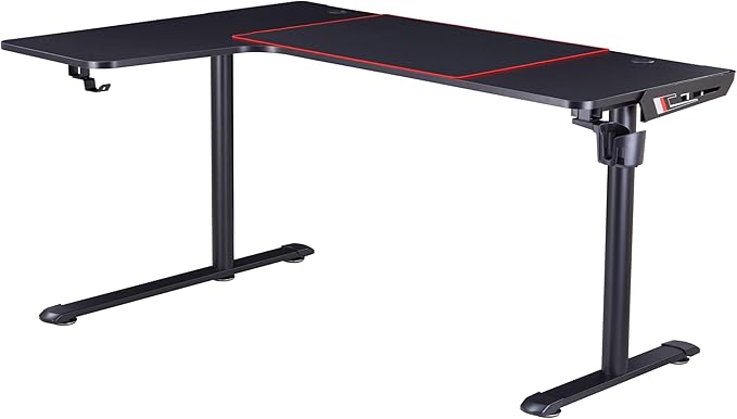 Homes: Inside + Out Kindira Modern Steel Gaming Desk with USB Ports PC Mouse Pad and Rotatable Cup-Holder for Home Office Classroom Study Room Black L-Shape