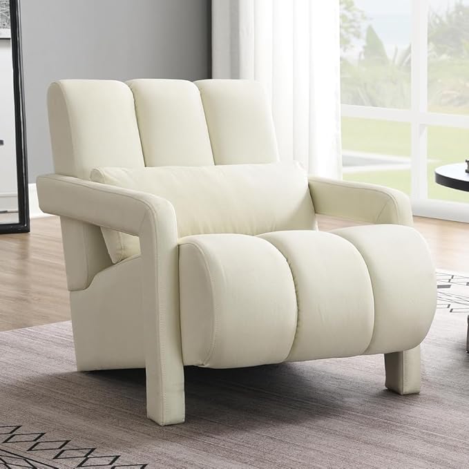Accent Chair Modern Upholstered Armchair with Pillow Breathable Linen Fabric Comfy Reading Chair for Living Room Bedroom Small Spaces Office Study Beige