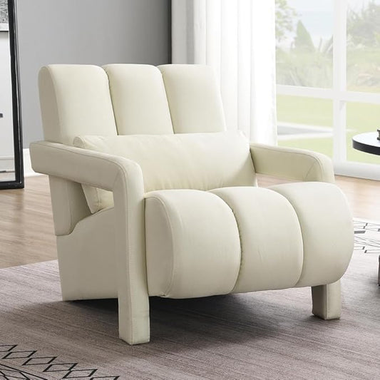 Accent Chair Modern Upholstered Armchair with Pillow Breathable Linen Fabric Comfy Reading Chair for Living Room Bedroom Small Spaces Office Study Beige