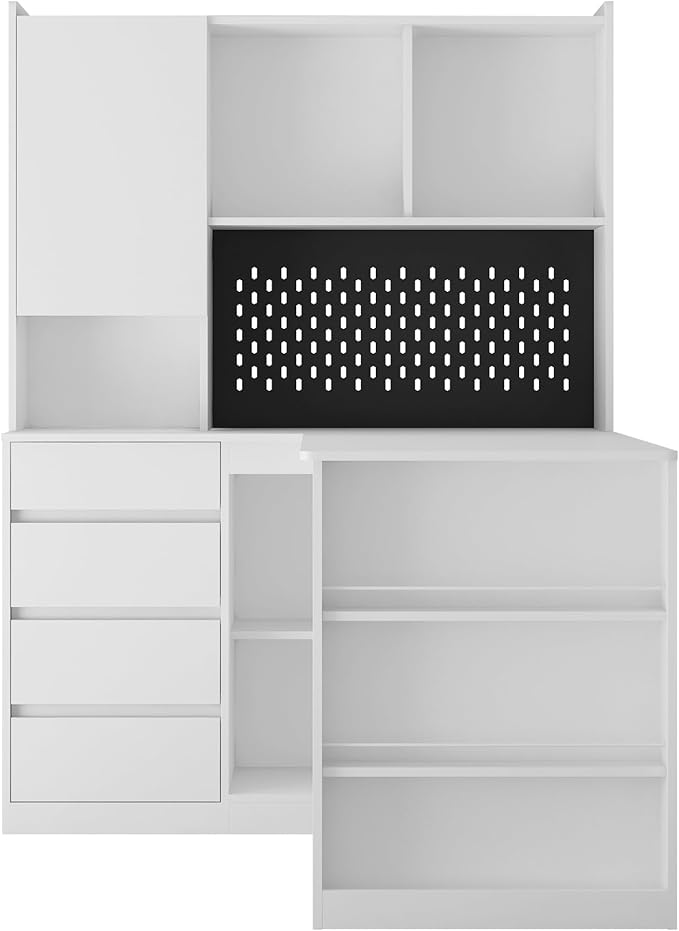 L Shaped Desk Computer Desk with Drawers Bookshelf Charger LED Light Modern Home Office Desk Study Table Writing Desk Corner Gaming Computer Table with Storage Assembly Required (White-A)