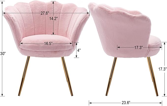 chairus Pink Makeup Vanity Chair with Back Modern Faux Fur Upholstered Small Accent Chair with Gold Metal Legs Cute Shell Shaped Vanity Stool Desk Chair for Living Room Bedroom Dressing Room