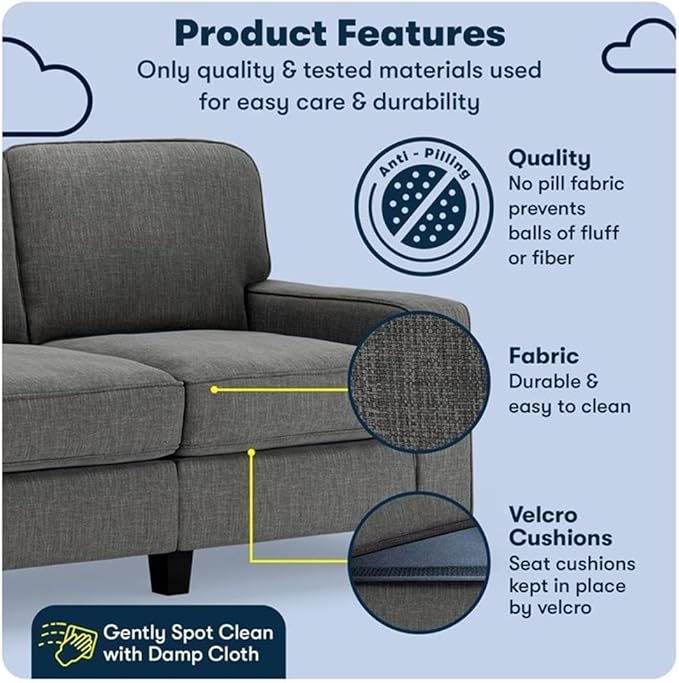 Pemberly Row 61 Track Arm Loveseat Sofa Gray Anti-Pilling Polyester Fabric Removable Covers Solid Wood Frame Compact Modern Design for Living Room or Home Office Spaces