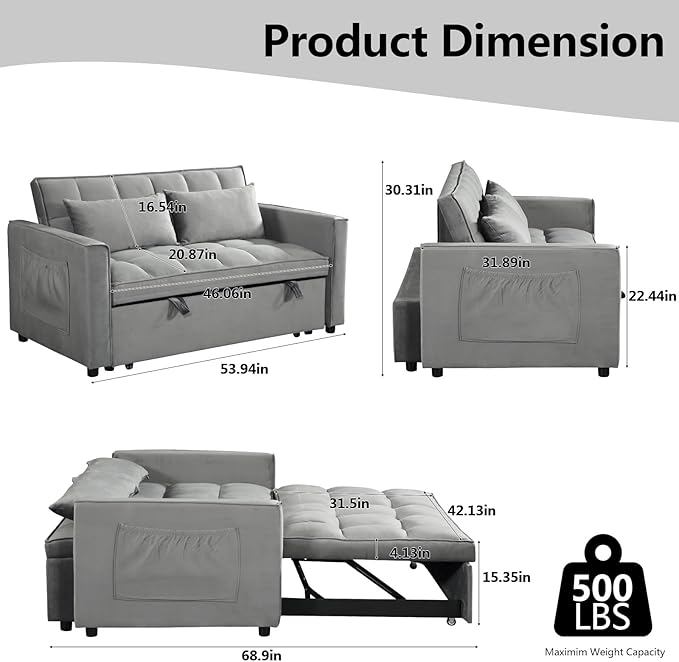 Sleeper Sofa Velvet Pull Out Sofa Bed Convertible Sofas Adjustable Backrest Pullout Loveseat Sofa Couch Side Pocket for Living RoomOfficeSmall SpaceGrey