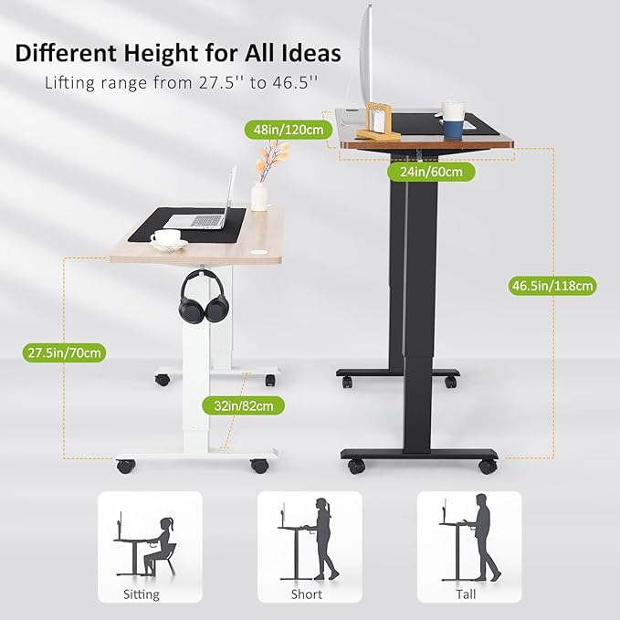 farexon Electric Standing Desk Adjustable Height 48x24 Inches Stand Up Desk with 4 Preset Heights Lockable Casters Double Hooks27''-46'' Lifting Range Home Office Computer Desk（White）