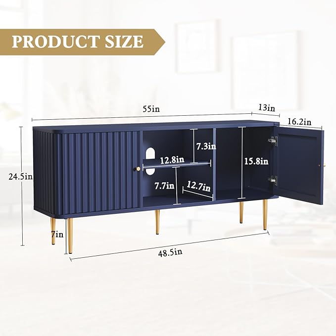ARTPOWER 55” Fluted TV Stand Mid Century Modern Blue TV Stand for 55/60/65 inch TV Entertainment Center with Storage Television Stands TV Console Media Console for Living Room Bedroom (Blue)