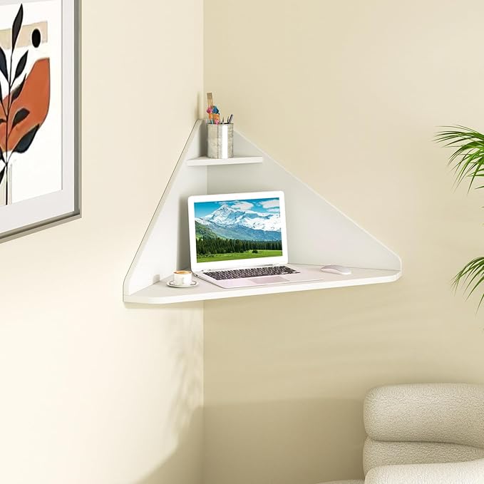 Giantex Corner Floating Desk Wall Mounted Computer Desk with Storage Shelf Space-Saving Writing Desk Triangle Laptop Desk for Living Room Study Bedroom Home Office &amp Small Spaces (White)