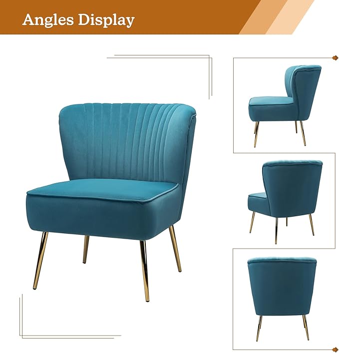 Tina's Home Velvet Armless Accent Chair Upholstered Modern Small Side Chair with Golden Legs Comfy Cute Wingback Slipper Chair for Living Room Study Beauty Room Thickly Padded(Blue)