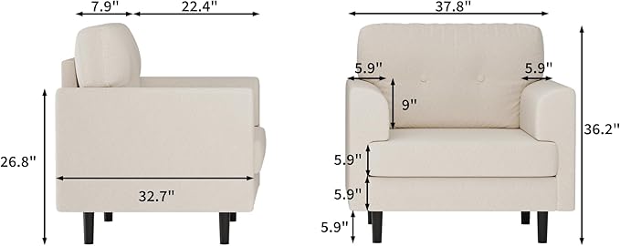 Ergonomic Linen Accent Chair with Wide Armrests – 38”Upholstered Reading ChairComfortable Armchair with High-Density Foam Cushion Modern Single Seater for Living Room &amp Bedroom Seating (Beige)