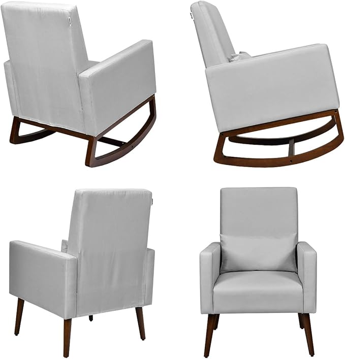 Giantex Upholstered Rocking Chair Modern High Back Armchair Comfortable Rocker with Fabric Padded Seat Waist Pillow and Wood Base Accent Chair for Nursery Living Room Bedroom Office Sliver