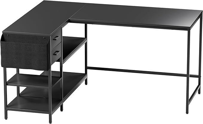 Techni Mobili Modern L-Shaped Desk with Storage Corner Computer Desk for Home &amp Office with 2 Drawers Open Storage Shelves Fabric Organizer &amp Sturdy Metal Frame Black