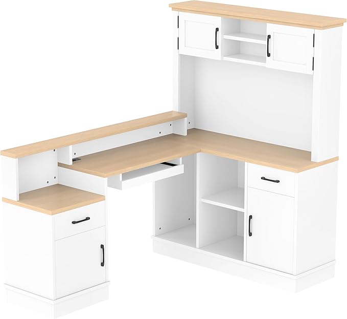 L-Shaped Computer Gaming Desk with Outlet Drawers &amp Bookshelf Modern Corner Study Table for Home Office Bedroom Craft Wood DesksWhite