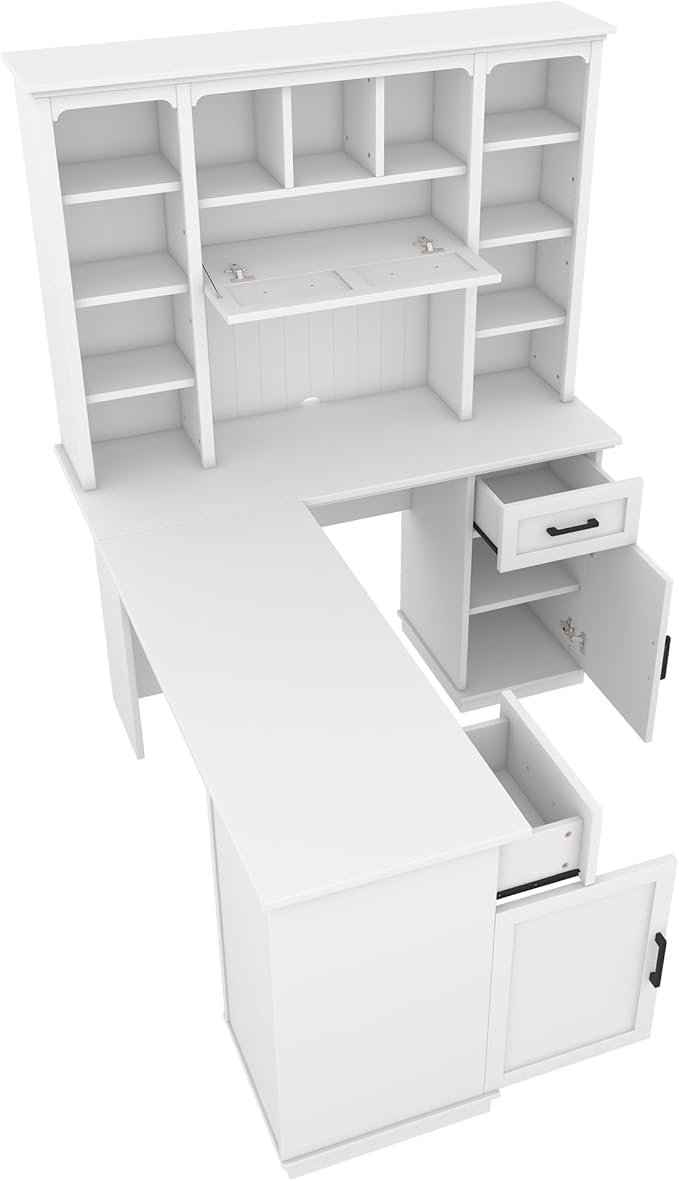 Multi-Function Wood Home Office Computer Desk with Storage Cabinets and Bookcases L-Shaped Executive Desk Writing Desk Study Workstation for Office Study Room (White-L)