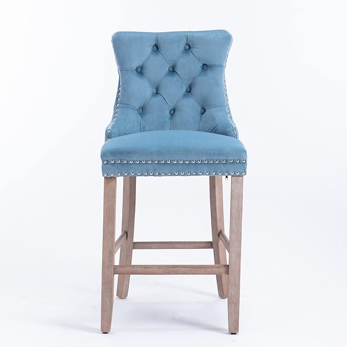 Modern Upholstered BarstoolsVelvet Bar ChairsSet of 2Wooden LegsLeisure Style Bar ChairsHigh Backrest ChairKitchen Island Chairs for CafesLiving RoomKitchenBarLight Blue