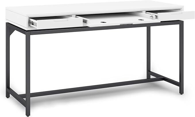 SIMPLIHOME Banting Desk - 60 Inch Wide Solid Wood and Metal Writing Desk in White Modern Industrial Home Office Computer Table for Study with 2 Drawers and Flip-Down Keyboard Tray
