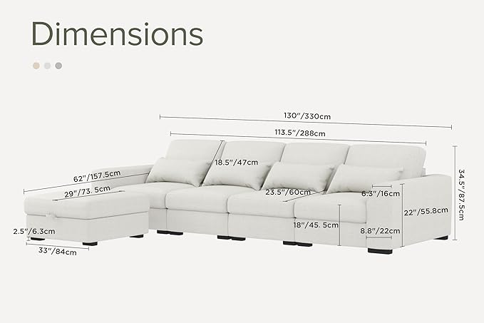 Youmumeub Oversized Modular Sectional Couch with 4 Lumbar Pillows L Shaped Couches for Living Room 130 4 Seater Sofas with Storage Ottoman U Shaped Sofa Beige