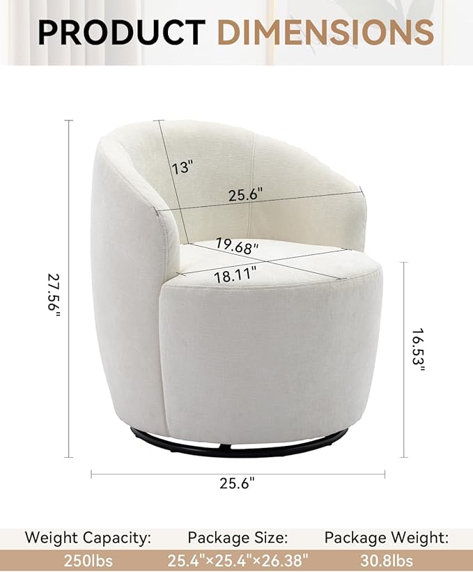360 Degree Swivel Accent Chair Modern Barrel Vanity Chair with Back Comfy Single Circle Couch for Living Room Bedroom Reading Nook (Chenille White)
