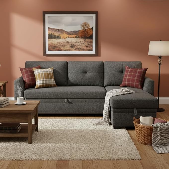 Sectional Sleeper Sofa with Pull Out Bed L Shape Convertible Linen Couch with Storage Chaise 2 in 1 Pull Out Sofa Bed with 2 Seats for Living Room Apartment Charcoal Black