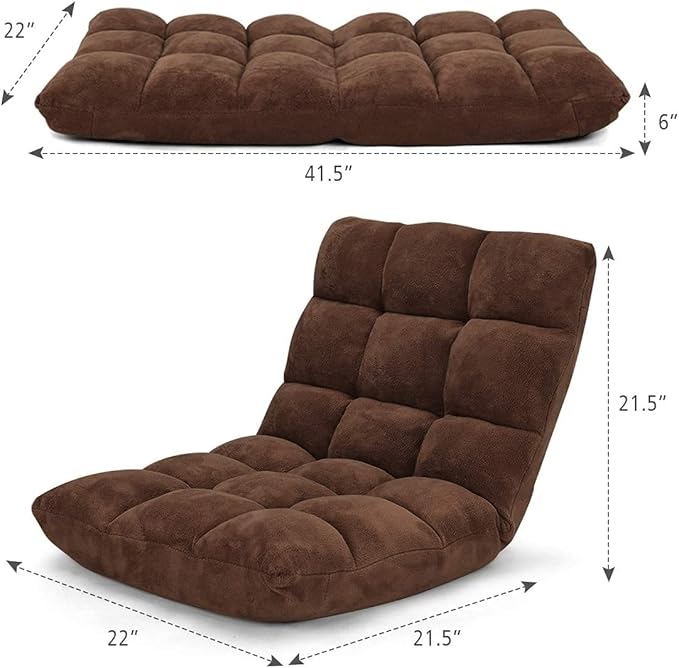S AFSTAR Cushioned Floor Chair 14-Position Adjustable Padded Lazy Recliner with Comfortable Back Support and Skin-Friendly Cover Great for Reading Playing Game Meditating (Dark Coffee)