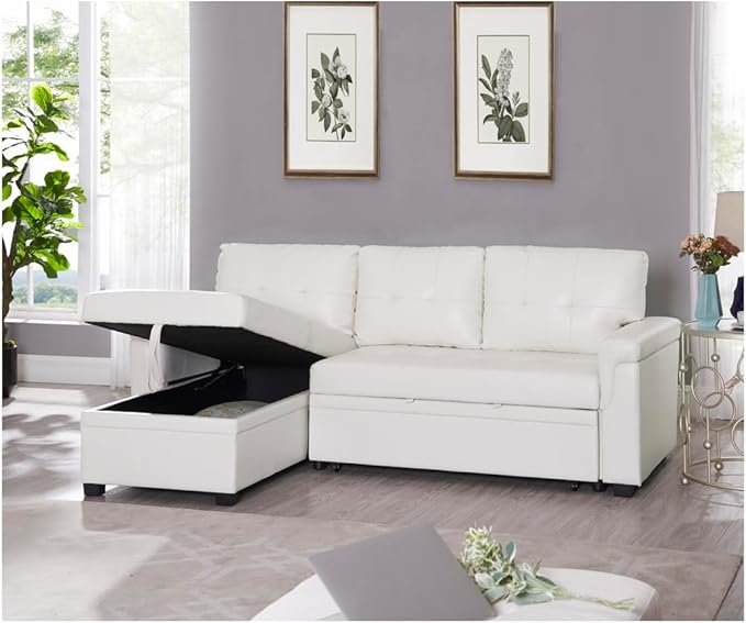 Naomi Home Transform Any Space: Sleeper Sectional Sofa with Convertible Sofa Bed &amp Inviting Chaise &amp Durable Cushions for Lounge Living Room - White/Air Leather