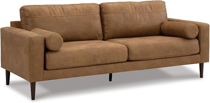 Signature Design by Ashley Telora Faux Leather Sofa 2 Bolster Pillows Loose Cushions Faux Wood Finish Accent Legs 85 W x 35 D x 35 H Dark Brown