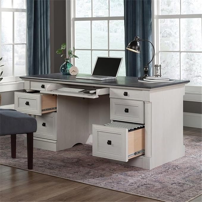 Sauder Palladia Office Desk with Drawers Executive Desk with File Cabinet Storage Cable Management Keyboard Tray in Glacier Oak Finish