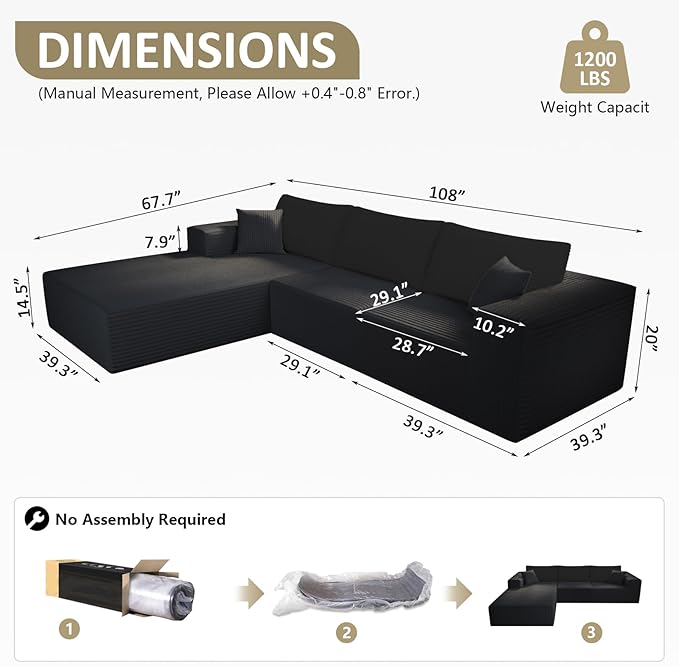 L-Shape Modular Sectional Sofa 108 — Cloud Couch Style 3-Seat Oversized Upholstered Sectional for Living Spaces No-Assembly
