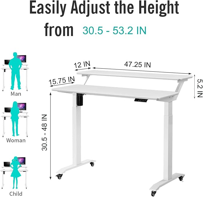UNICOO Electric Height Adjustable 2-Tier Raising Desk with Wheels Mobile Standing Desk with Monitor Stand Ergonomic Adjustable Computer Table Electric Standing Game Table for Home Office