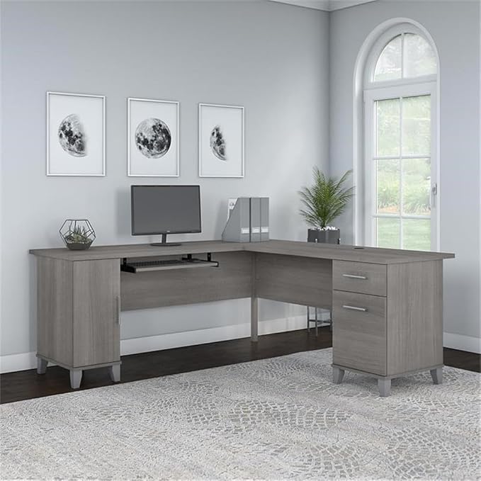 Bush Home Somerset 72W L Shaped Desk with Storage in Platinum Gray 72-inch Large Corner Computer Table for Home Office Workspace