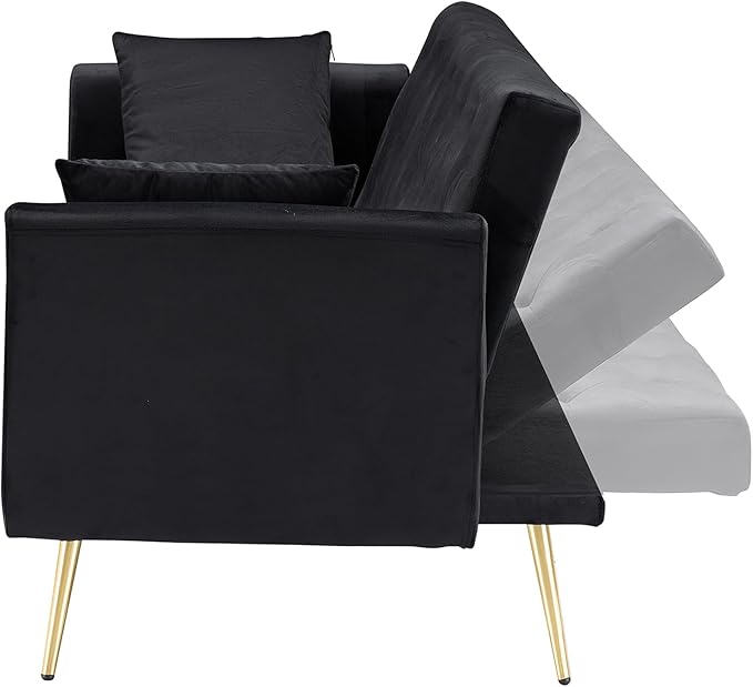 71 Futon Sofa Bed VelvetConvertible Sleeper Sofa CouchModern Folding Futonwith 3 Adjustable Backrests and 2 Pillowsfor Small Living Room Bedroom Office (Black)