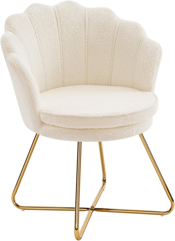Furnimart Vanity Chair with Back Shell Accent Chair for Living Room Criss Cross Chair with Gold Legs Makeup Chair for Bedroom Desk Chair no Wheels Faux Fur White