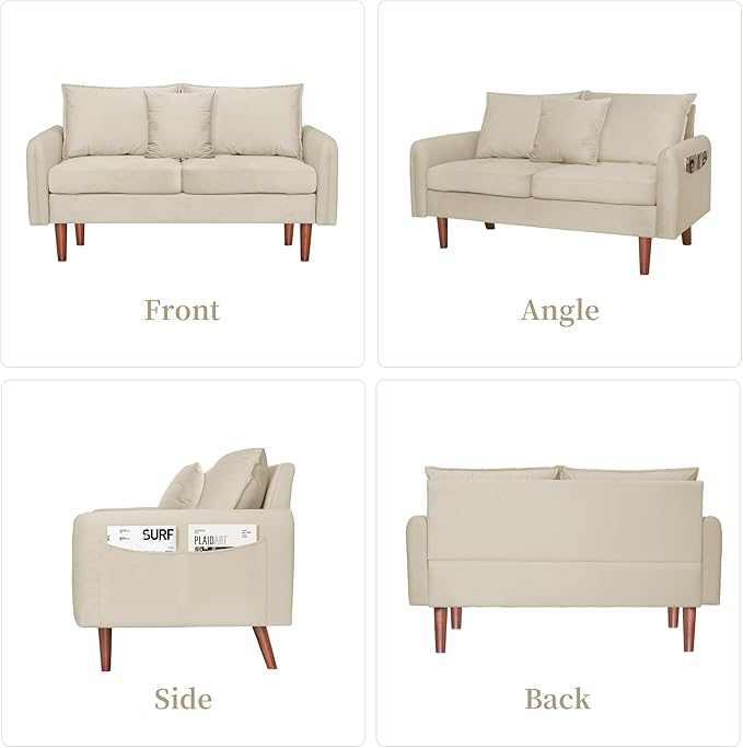 56.1 Round Arm Velvet Loveseat with Side Pockets and a Square Pillow (Beige) | Side Storage Pockets Pillow Included