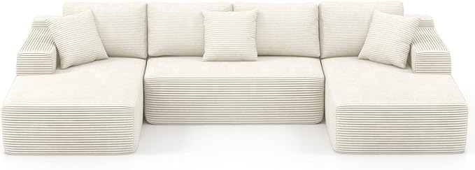 Verano Garden 133 U-Shaped Modular Sectional Sofa Modern Cloud Couch with Double Chaise Comfy Corduroy Couch with Memory Foam Deep Seat Floor Sofa No Assembly Required (Cream White)