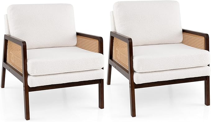 Giantex Mid Century Modern Accent Chair Set of 2 Boho Boucle Living Room Arm Chair w/Rattan Arms Wooden Frame Thick Cushion Pillow Sherpa Reading Side Chair for Bedroom Balcony Brown + Beige