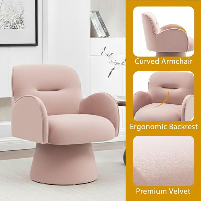 Swivel Chair with Armrest Modern Velvet Barrel Chairs with Curve Back Soft Cushion Comfy Accent Round Armchair Single Sofa for Living Room Bedroom Pink