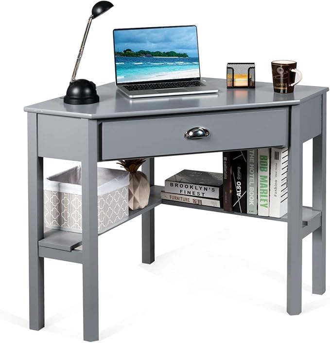RELAX4LIFE Corner Computer Desk Triangle with Drawer and Shelves Stable Laptop PC Table Home Office Writing Desk Study Workstation Desk (Gray)