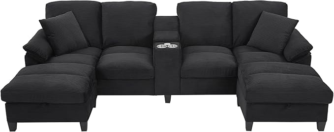 Modern U-Shaped Sofa 116.9 Sectional Sofa Corduroy Upholstered Sofa Couch with Storage Ottomans Cup Holders and USB Ports for Living Room (Black-X70)