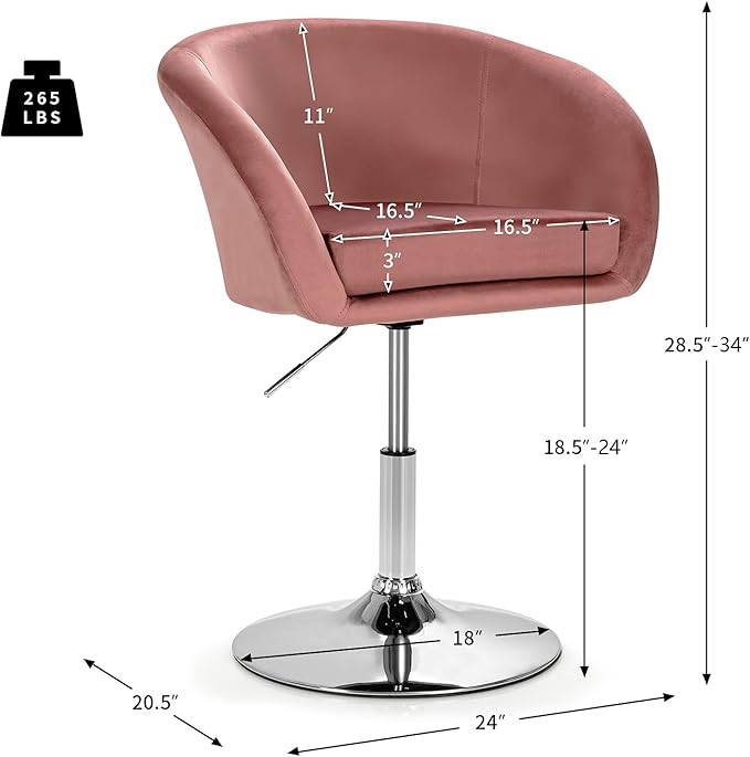 COSTWAY Vanity Chair Height Adjustable Modern Velvet Makeup Chair with Chrome Frame Round-Back Comfortable Swivel Accent Leisure Chair for Living Room Bedroom (Pink)
