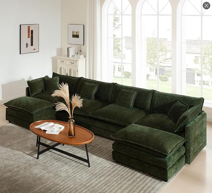 146.5 Chenille Modular Sectional Sofa Comfy Cloud Couch Sectional Sofa Modern 4 Seat Deep Seat Couch for Living Room Bedroom Apartment (Green 146.5Inch-U Shape)