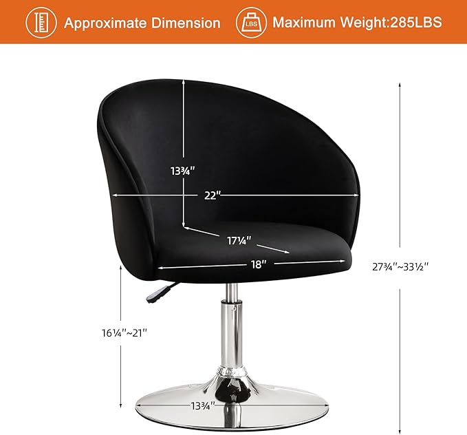 Furniliving Makeup Vanity Chair Flexible Round-Back Accent Chair with Plated Frame Height Adjustable Swivel Chairs for Living Room Charming Chair Lounge Pub Bar (Black)