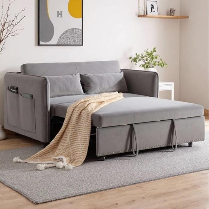 3 in 1 Pull Out Sofa Bed Convertible Loveseat Couch with Side Pockets Velvet Fabric Sleeper Sofa Bed with Adjustable Backrest for Living Room Bedroom Apartment RV Gray