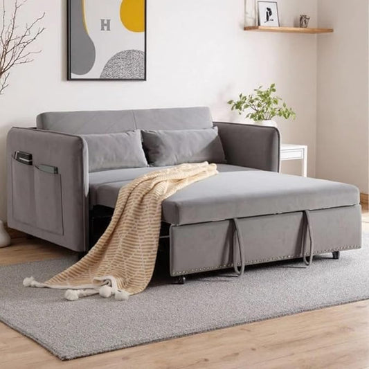 3 in 1 Pull Out Sofa Bed Convertible Loveseat Couch with Side Pockets Velvet Fabric Sleeper Sofa Bed with Adjustable Backrest for Living Room Bedroom Apartment RV Gray