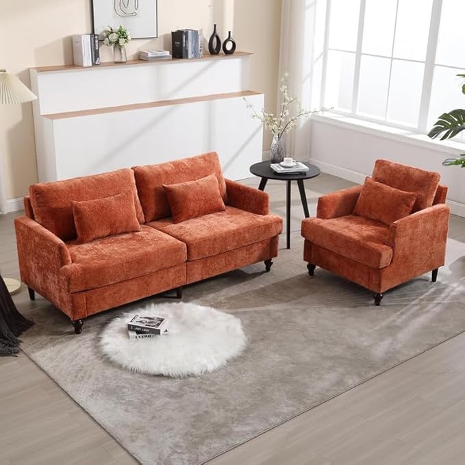 2 Pieces Sofa Couch Set for Living Room 68'' Mid Century Modern Loveseat and Accent Chair Set Chenille Sofa Comfy Cloud Couch with Deep Seats for Small Spaces Apartment Bedroom Orange