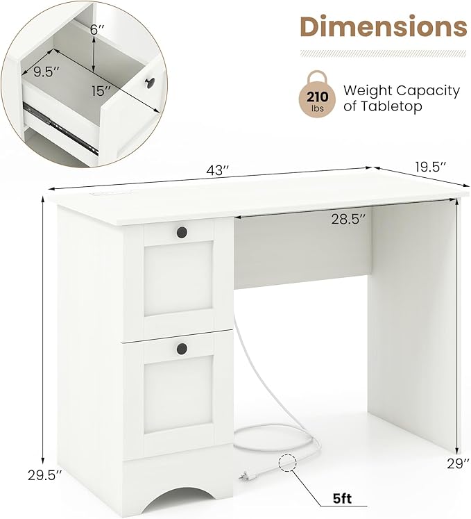 White Computer Desk 43” Desk with Drawers Home Office Desks with Power Outlet Modern Makeup Vanity Wooden Gaming Table Small Desk for Bedroom Writing Study Workstation for Teens