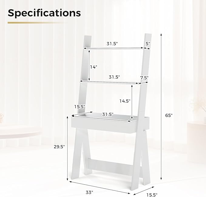 Tangkula Ladder Desk with Countertop &amp Drawer Home Office Computer Laptop Table with Open Shelves &amp Anti-Tip Kits Wall-Leaning Compact Working Station for Small Spaces (White)