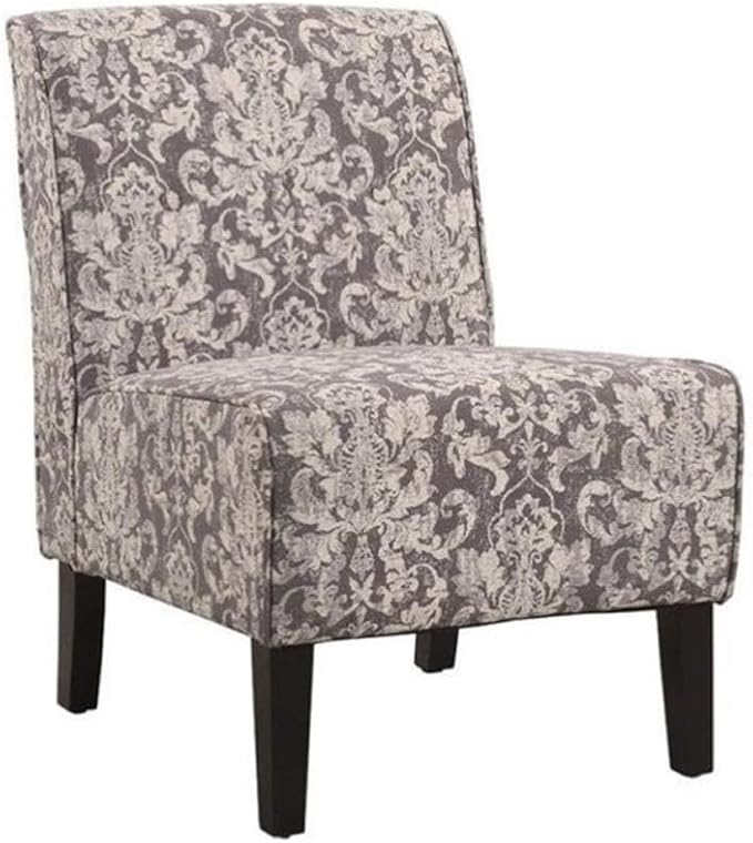 Atlin Designs Accent Fabric Slipper Chair Gray Damask Jacquard Upholstery Button Tufted 33 H x 22.5 W x 30 D Black Finish Hardwood Frame Comfortable Living Room or Bedroom Accent Seating