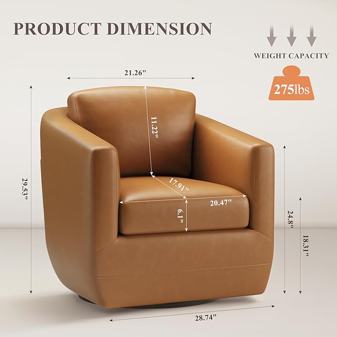 COLAMY 360° Swivel Accent Chair- Comfy Living Room Armchair No-Sag Foam &amp Sturdy Metal Base with Pillow Fully Assembled Swivel Accent Single Sofa for Bedroom Living Room Office Brown